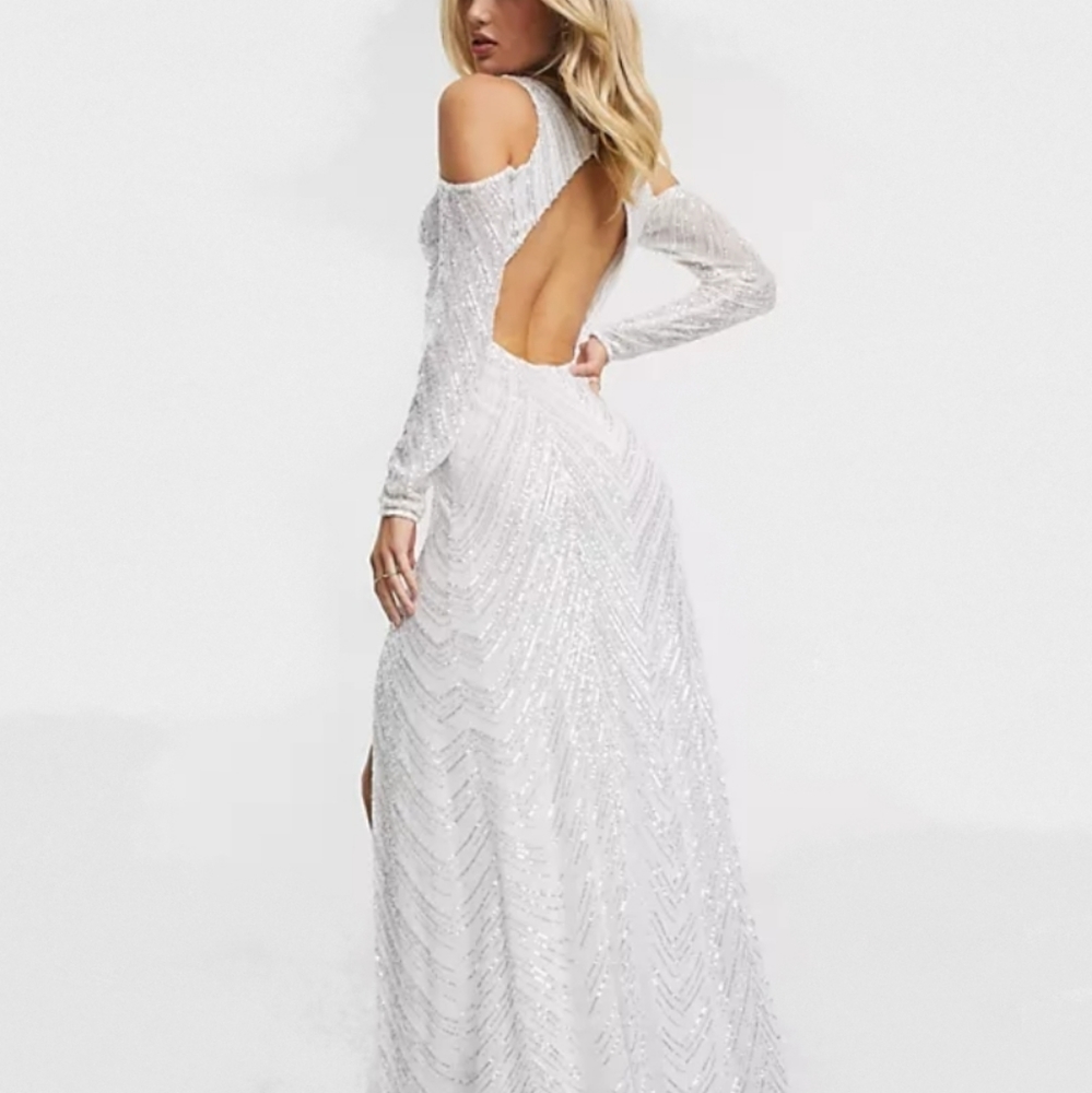 Goddiva plunge maxi dress white sequin.